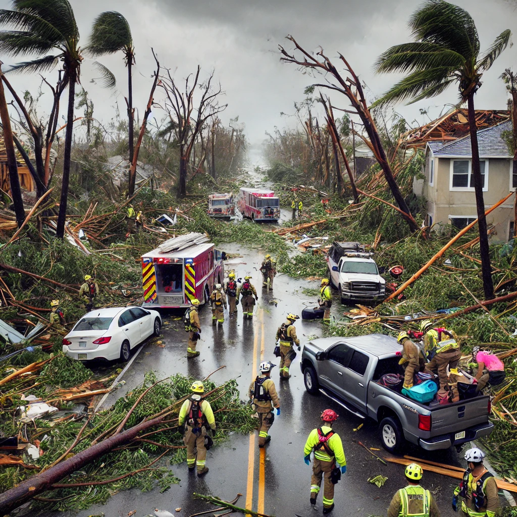 Rescue workers clearing debris from a street in Florida after Hurricane Debby.