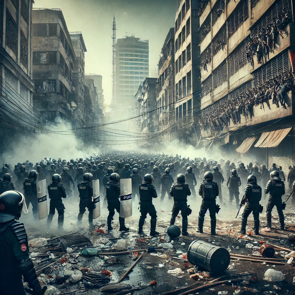 Police in riot gear facing protesters amidst smoke and debris in a street in Dhaka, Bangladesh.